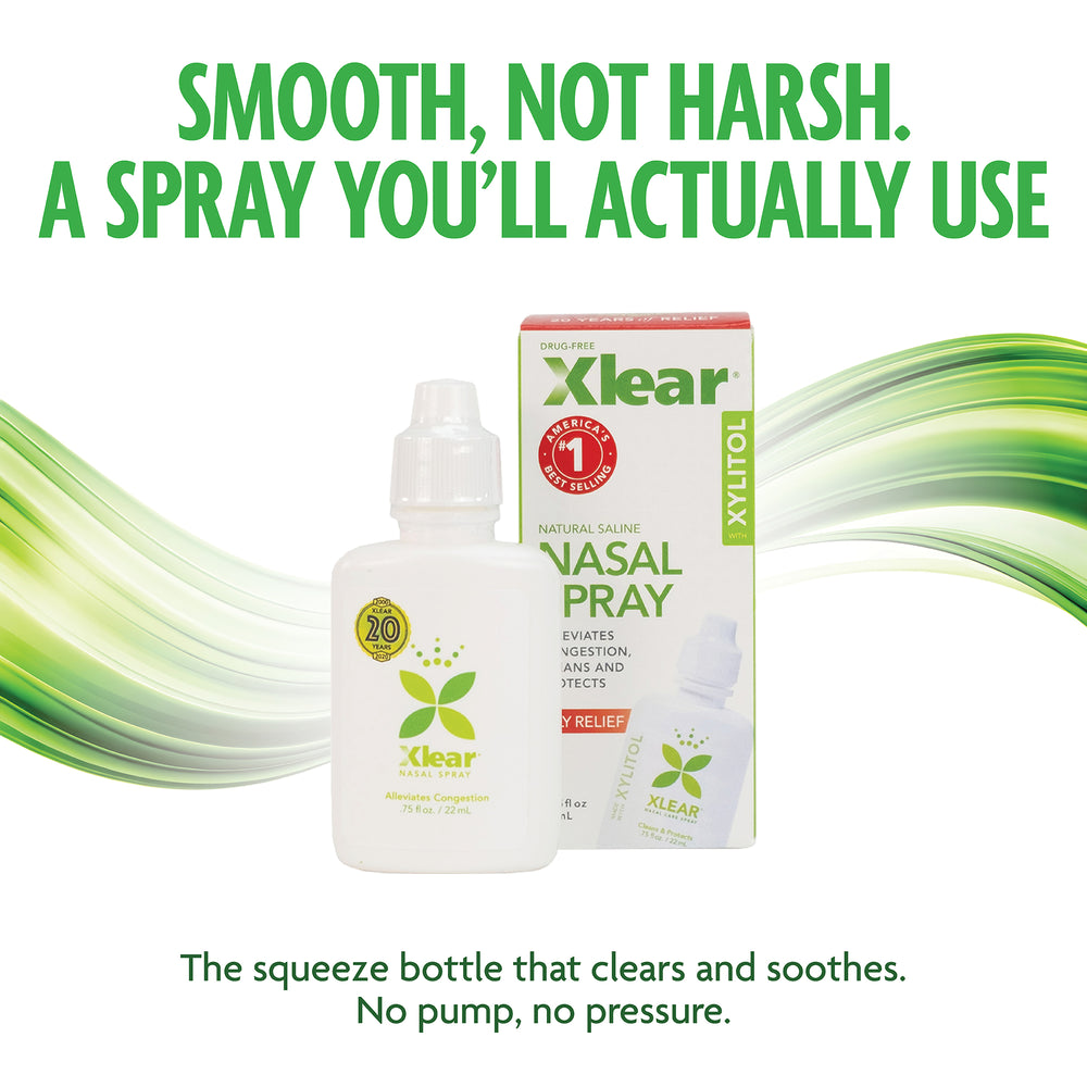 Xlear nasal spray bottle and packaging on a white background with green accents.