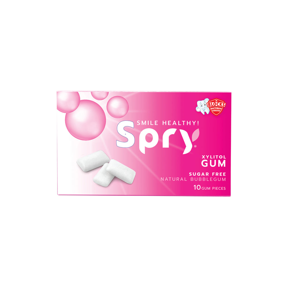 Spry gum packaging with promotional text on a white background