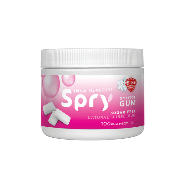 Jar of Spry natural bubblegum flavor sweetener on a white background
