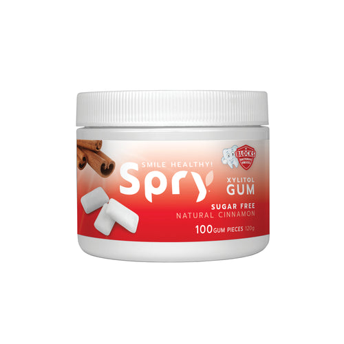 Jar of Spry natural cinnamon sugar-free gum on a white background