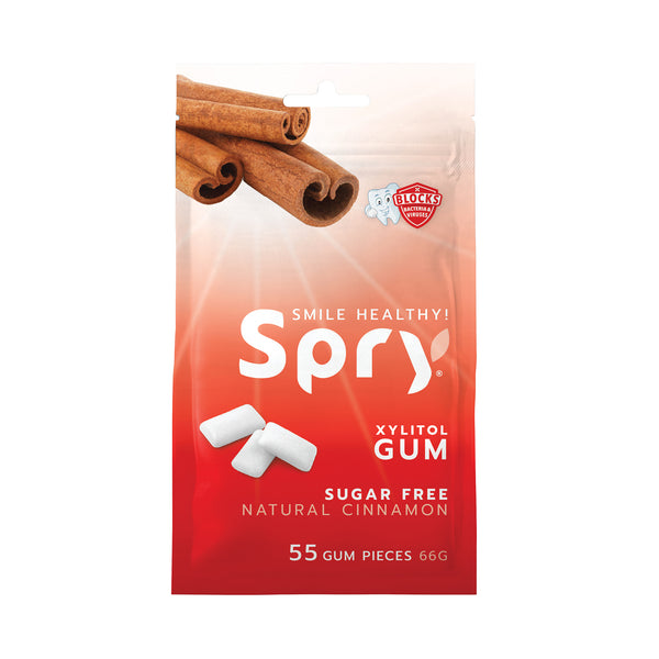 Spry natural cinnamon gum packaging on a white background