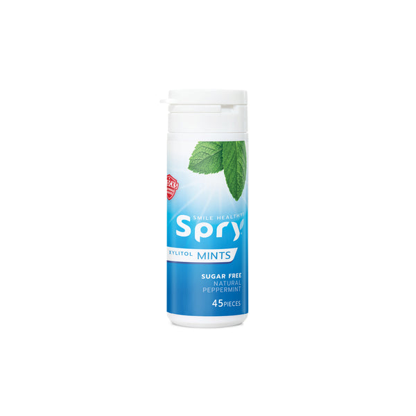 Spry peppermint mints container on a white background