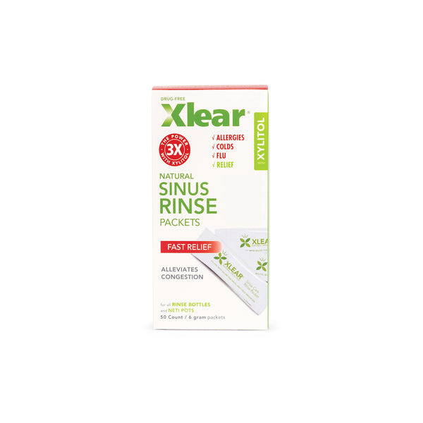 Xlear natural sinus rinse packets packaging on a white background