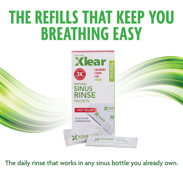 Xlear sinus rinse packets with text on a white background