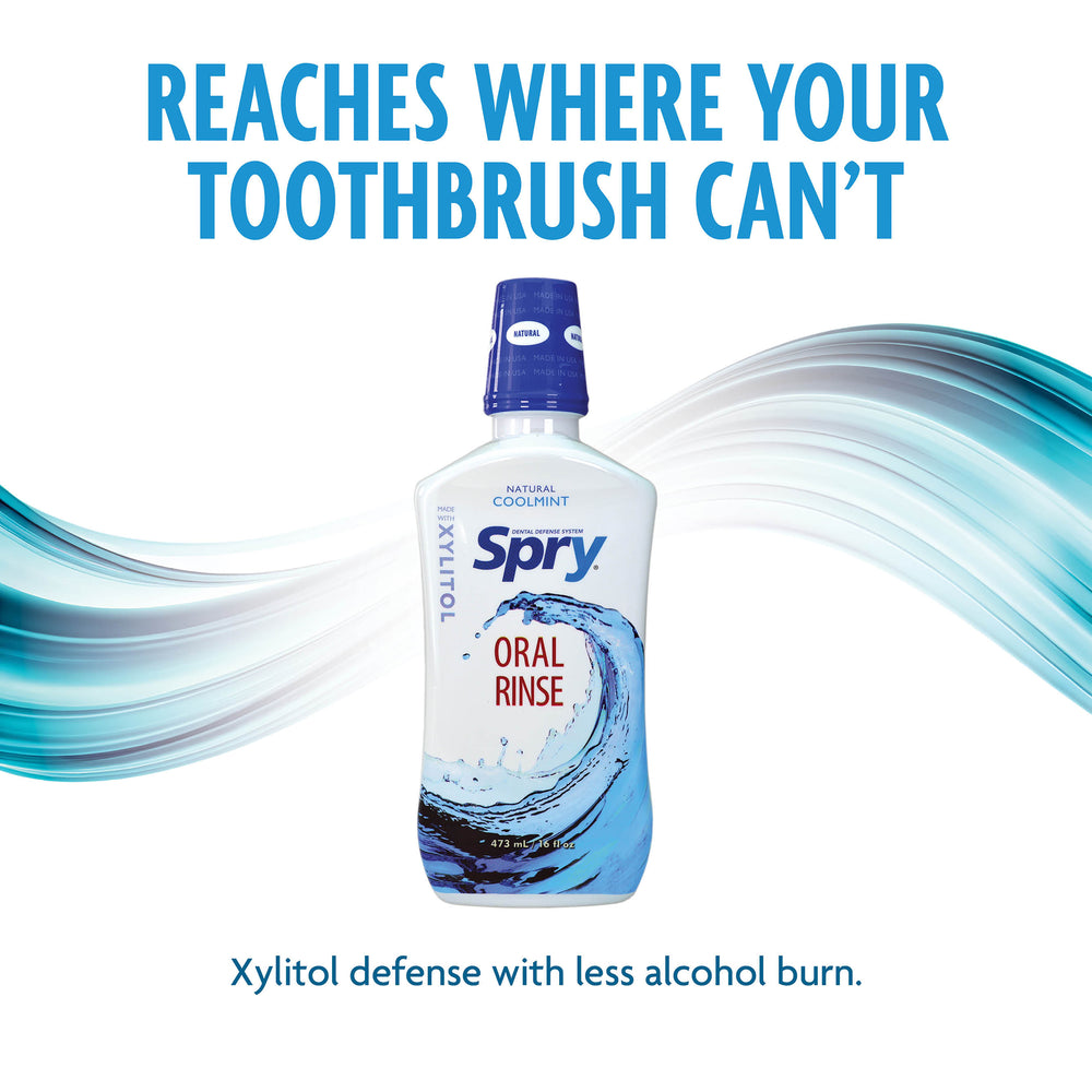 Spray oral rinse bottle with blue liquid design and text on a white background