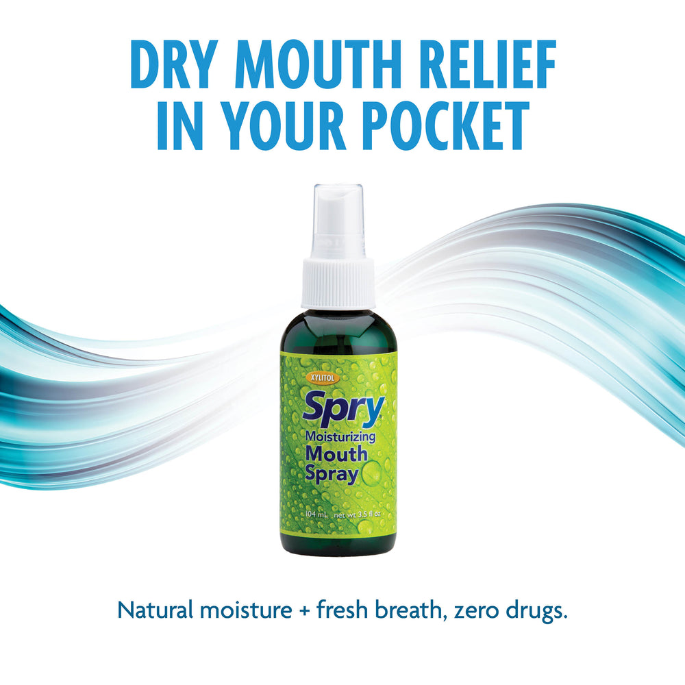 Spray bottle with green label on white background, text about dry mouth relief and natural moisture.