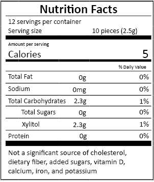 Nutrition facts label for a product with 12 servings per container and 10 pieces per serving size.