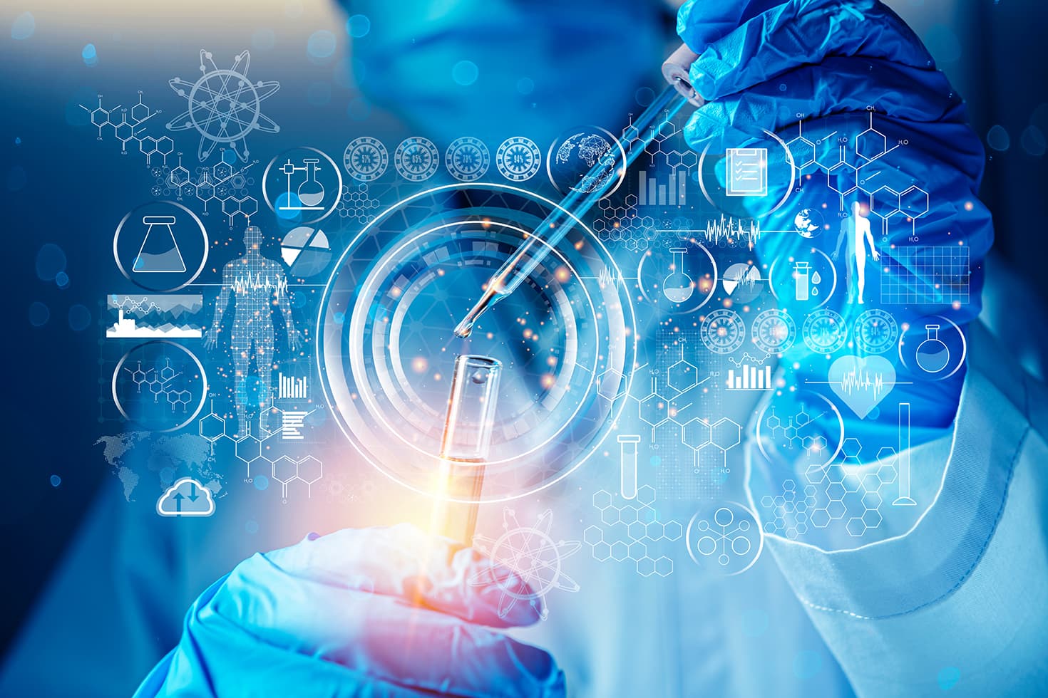 Person in blue gloves holding a test tube with futuristic scientific interface elements on a blue background