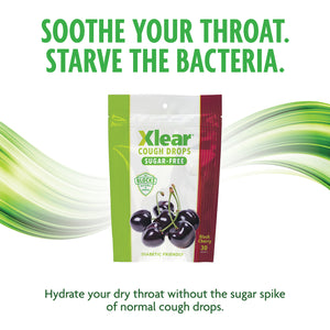 Xlear Cough Drops packaging with text on a white background