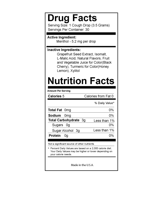 Drug facts label for a cough drop with ingredients and nutritional information.
