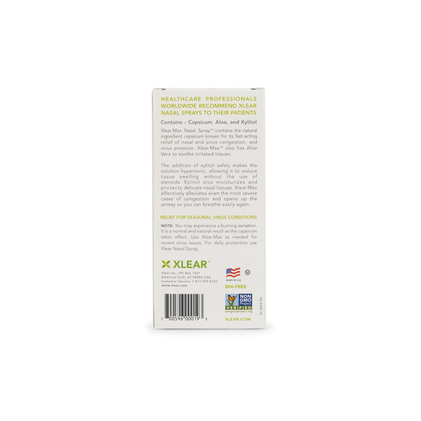 Back of a Xlear product packaging with text and branding on a white background