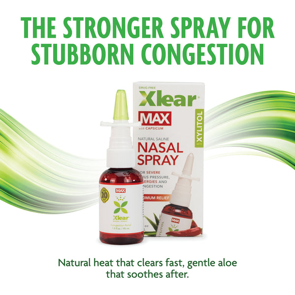 Xlear MAX nasal spray and packaging, Natural heat that clears fast, gentle aloe that soothes after.