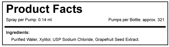 Product facts label with spray per pump and ingredients listed