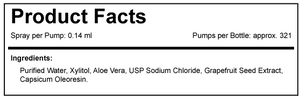 Product facts label with spray per pump and ingredients listed.