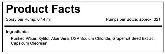 Product facts label with spray per pump and ingredients listed.