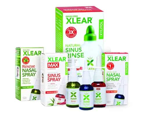 Collection of Xlear nasal spray products on a white background