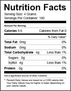 XyloSweet Nutritional Facts panel 100 count packets