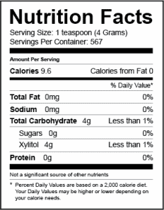 XyloSweet Nutritional Facts panel 5 lb bag